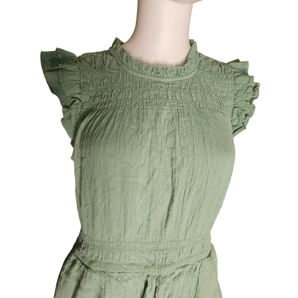 J. Crew Sage Green Ruffle Mini Dress SZ M Crinkle Fabric Keyhole Back
